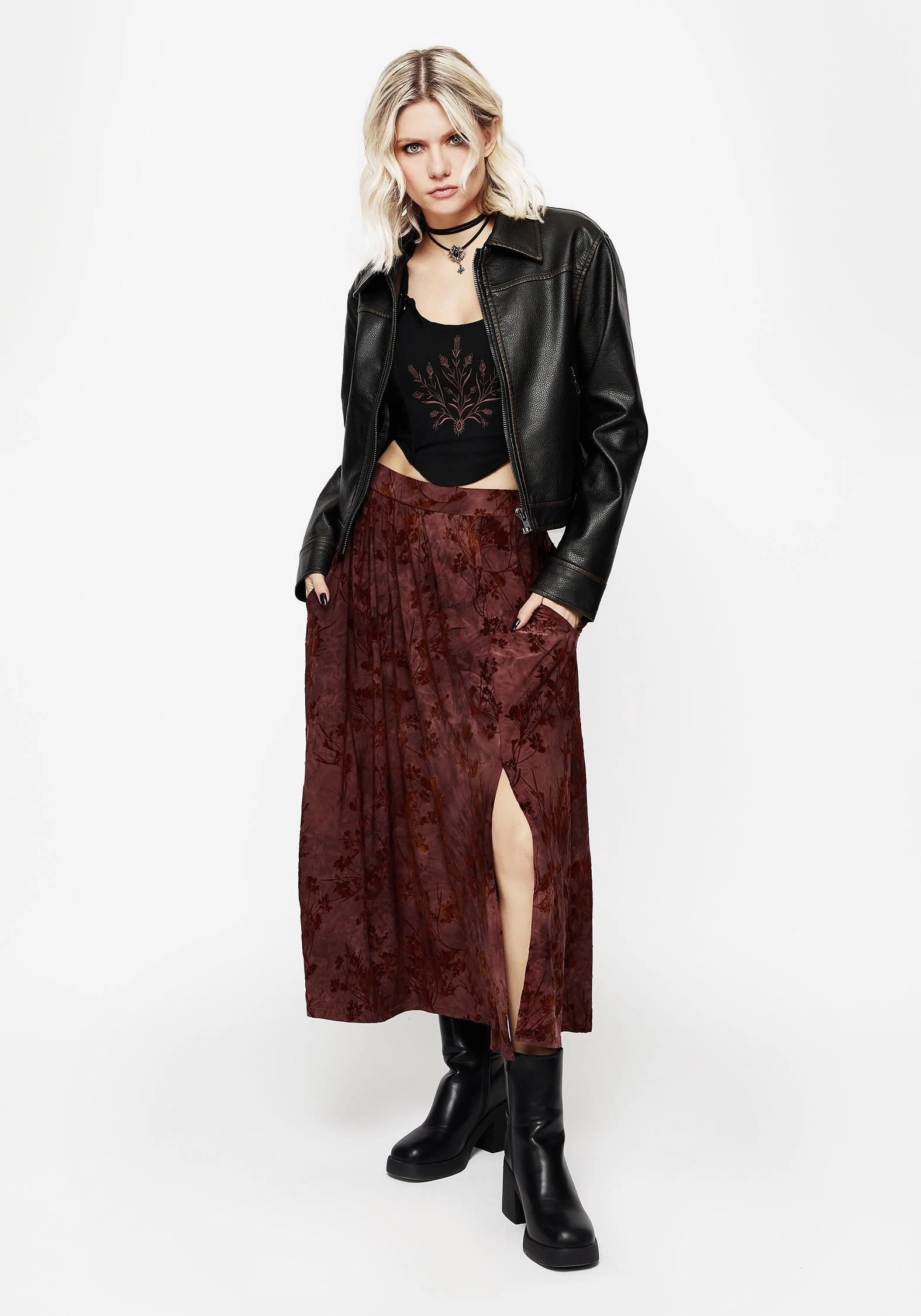 Machine washable Wytchelm Floral Flocked Velour Midaxi Skirt - Red
