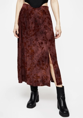 Wytchelm Floral Flocked Velour Midaxi Skirt - Red Chic Look Stretch Material