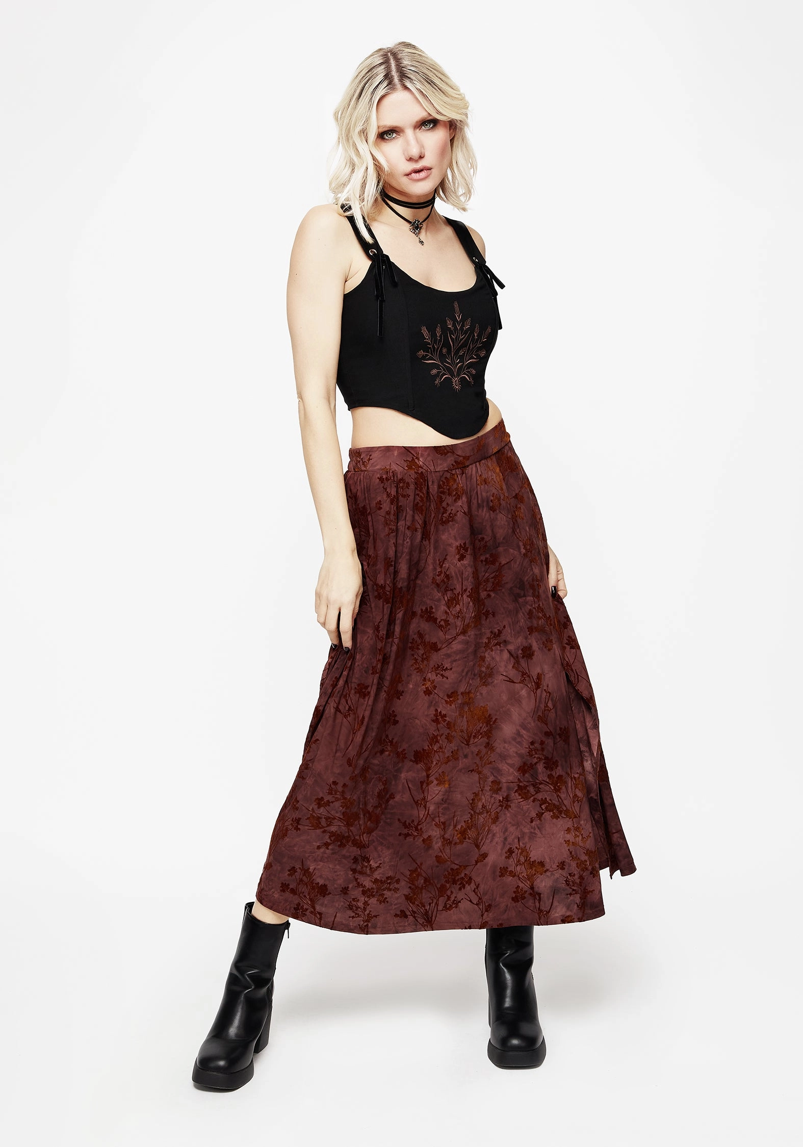Wytchelm Floral Flocked Velour Midaxi Skirt - Red Breezy Look