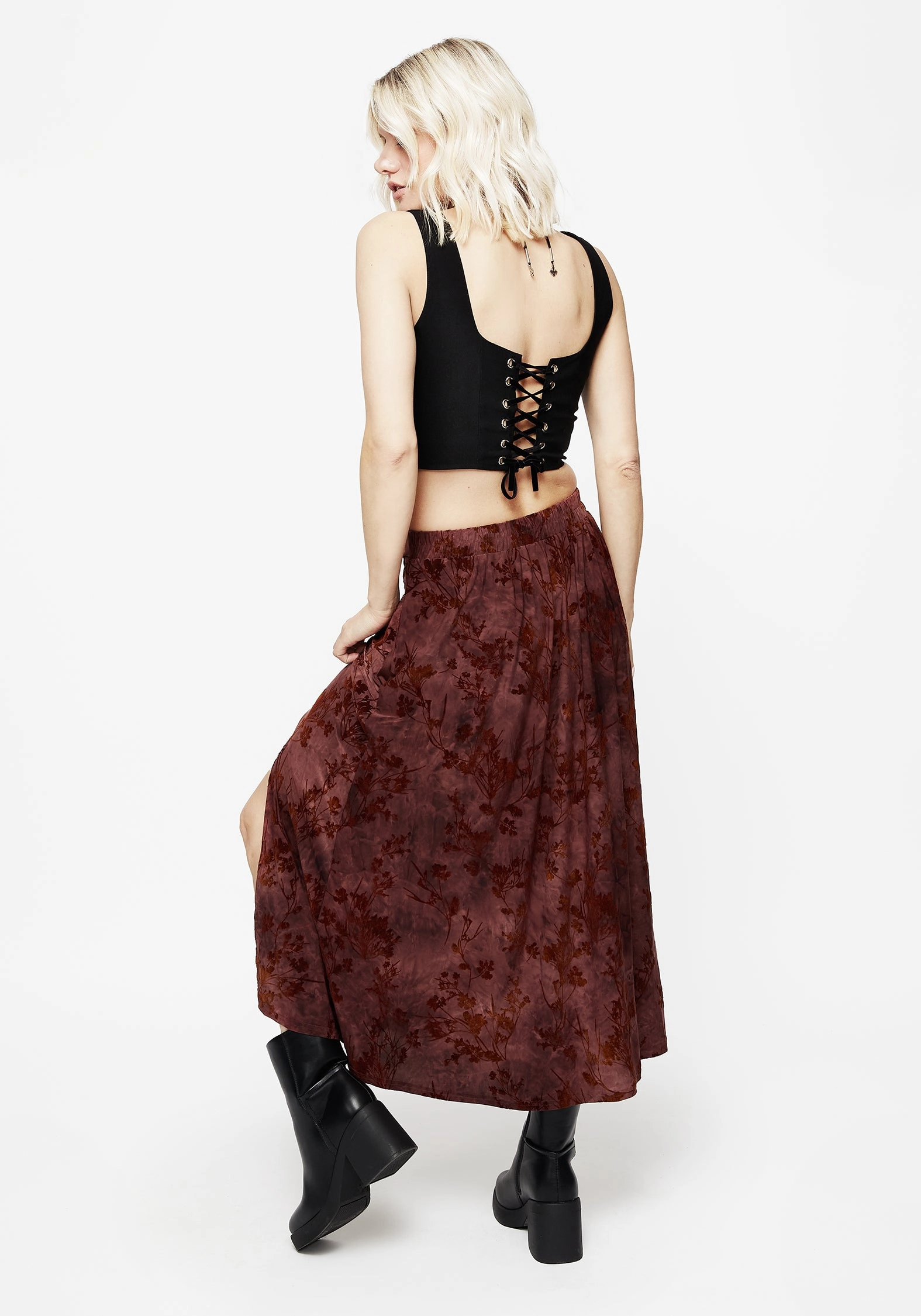 Minimalist Layering Wytchelm Floral Flocked Velour Midaxi Skirt - Red