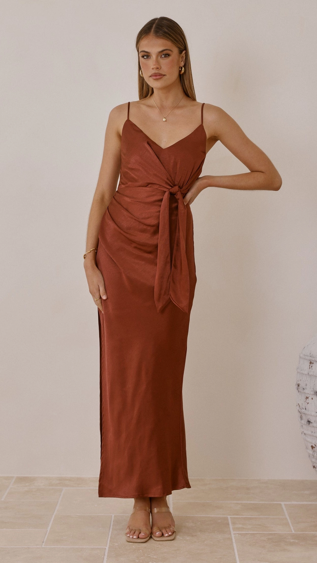 Yasmeen Tie Front Maxi Dress - Rust Flow Sleeve Solid-color