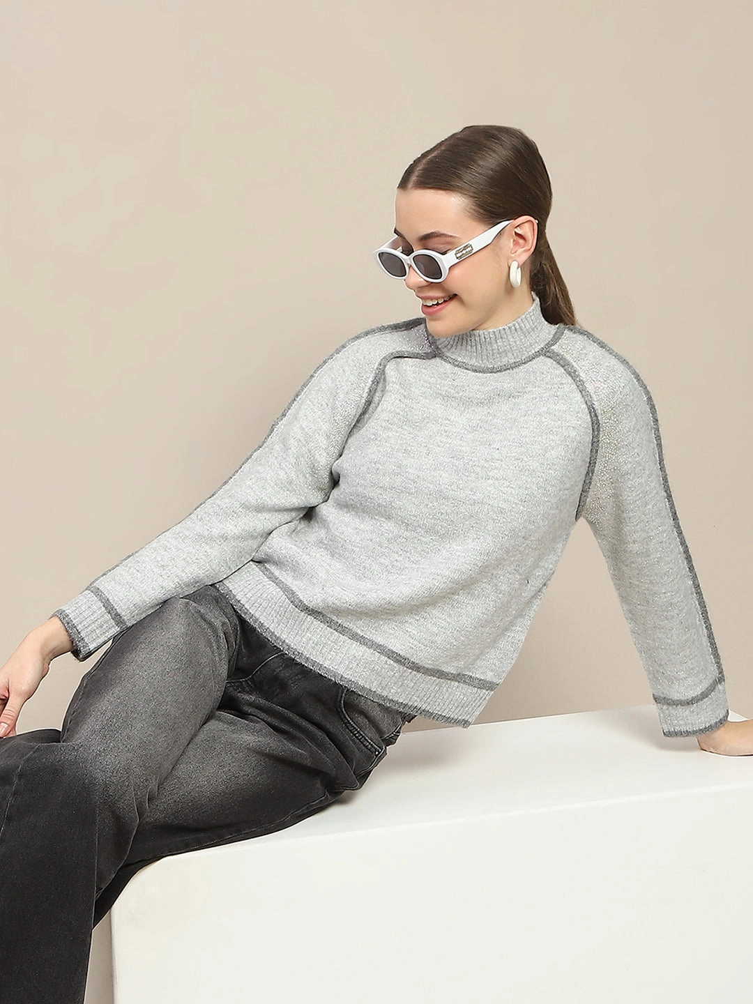 Madame Contrast Trimming Grey Sweater Comfy Knit Layer