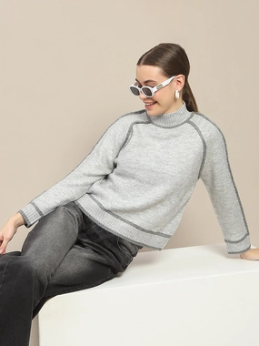 Madame Contrast Trimming Grey Sweater Comfy Knit Layer