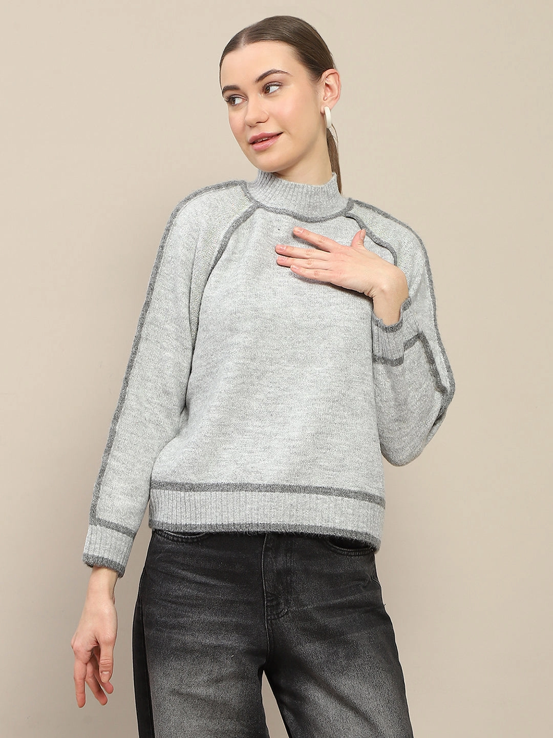 Madame Contrast Trimming Grey Sweater Heathered Effect All-Purpose Knit