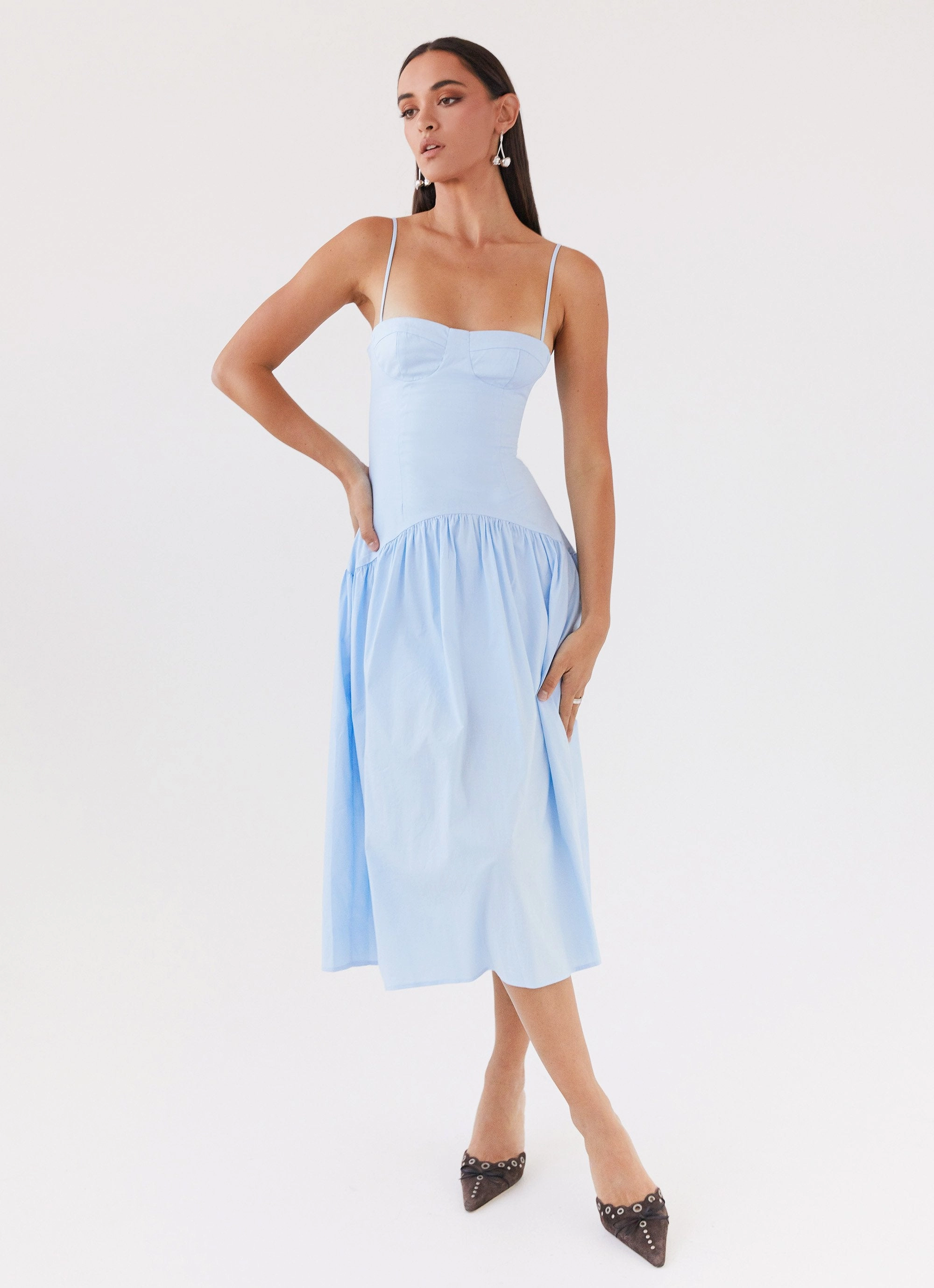 Yvette Corset Midi Dress - Blue Modern Fit Smocked-Detail
