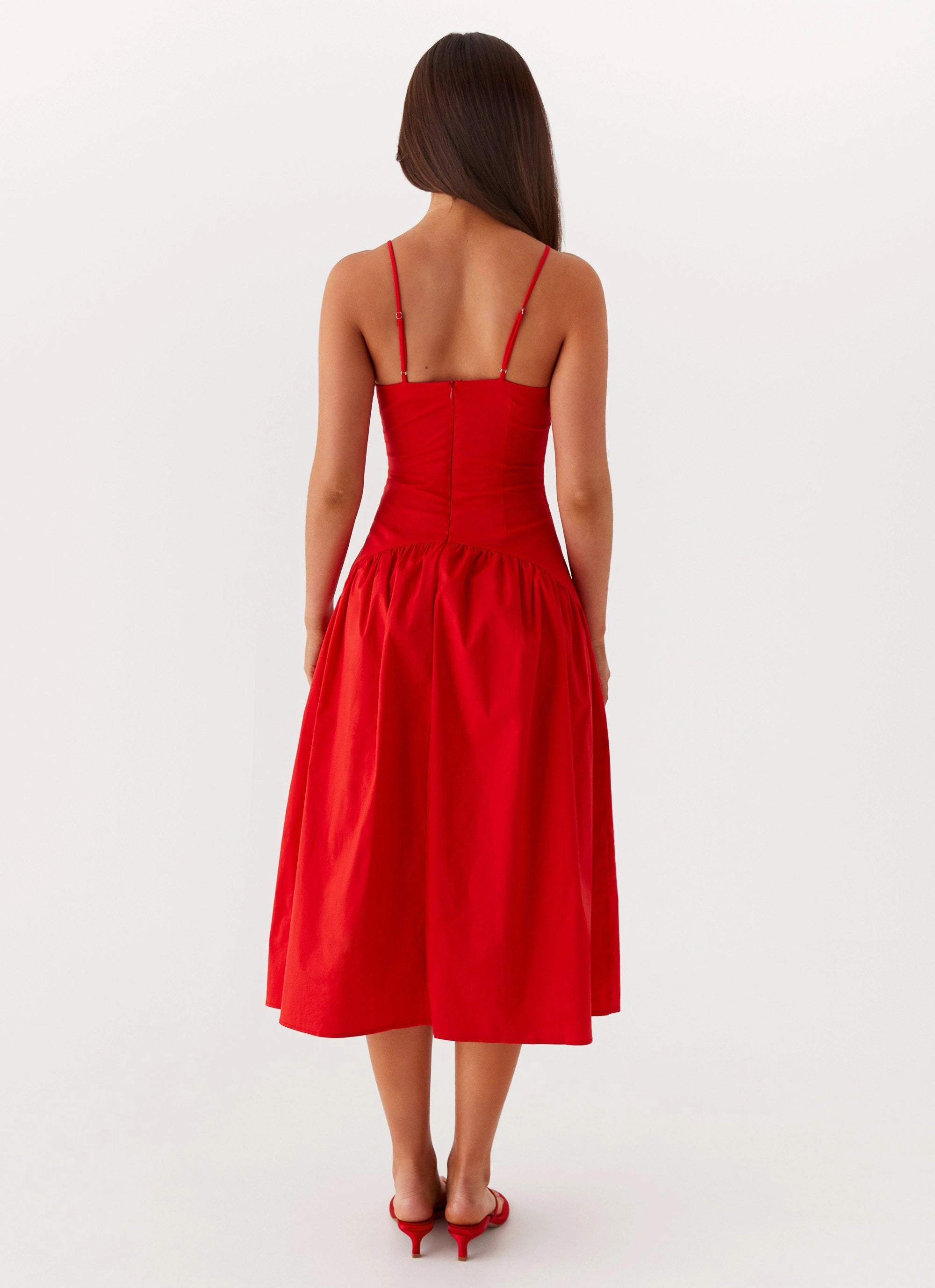 Yvette Corset Midi Dress - Red Glossy Detail Linen-Blend
