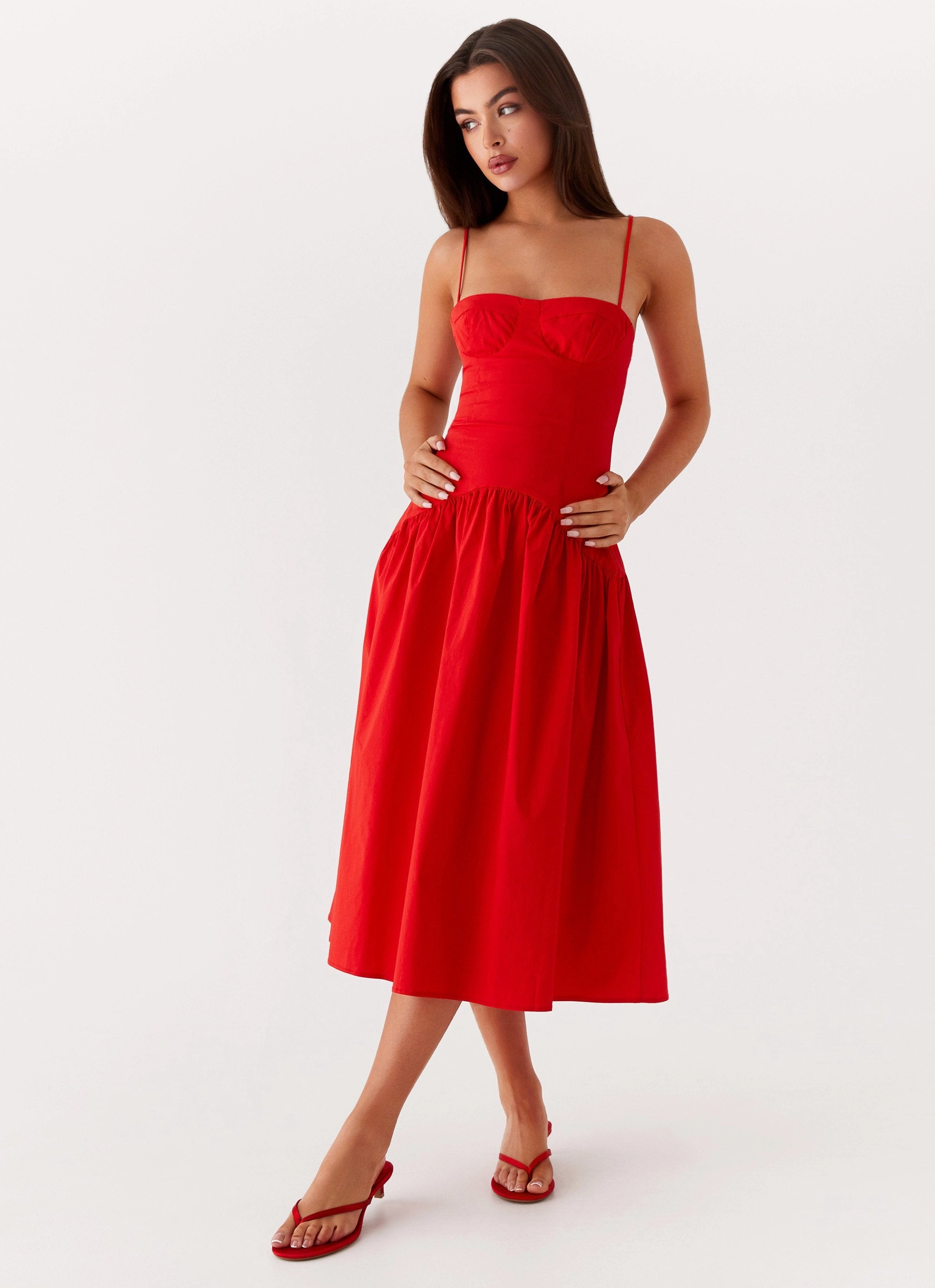Yvette Corset Midi Dress - Red Dreamy Presence Polished Motion