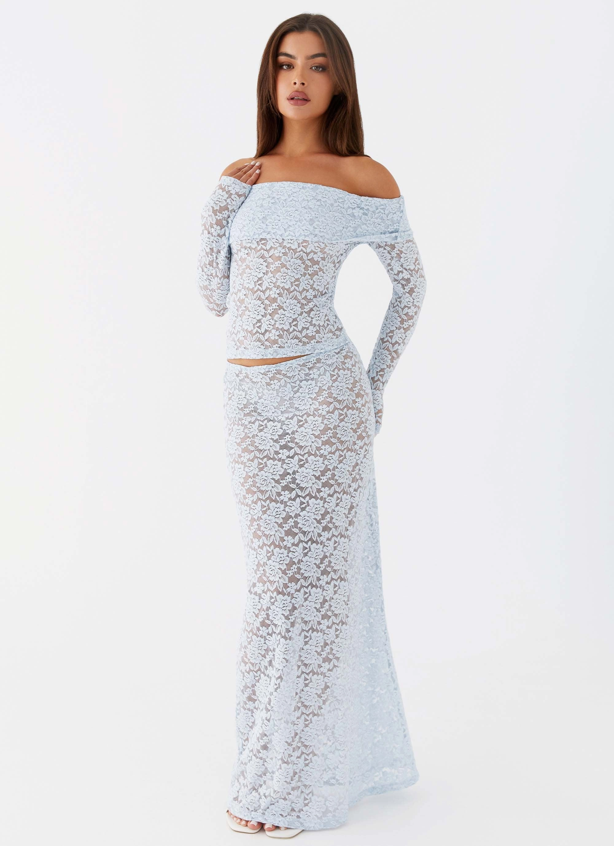 Daily Wear Structured silhouette Zephyra Lace Maxi Skirt - Blue Cloud