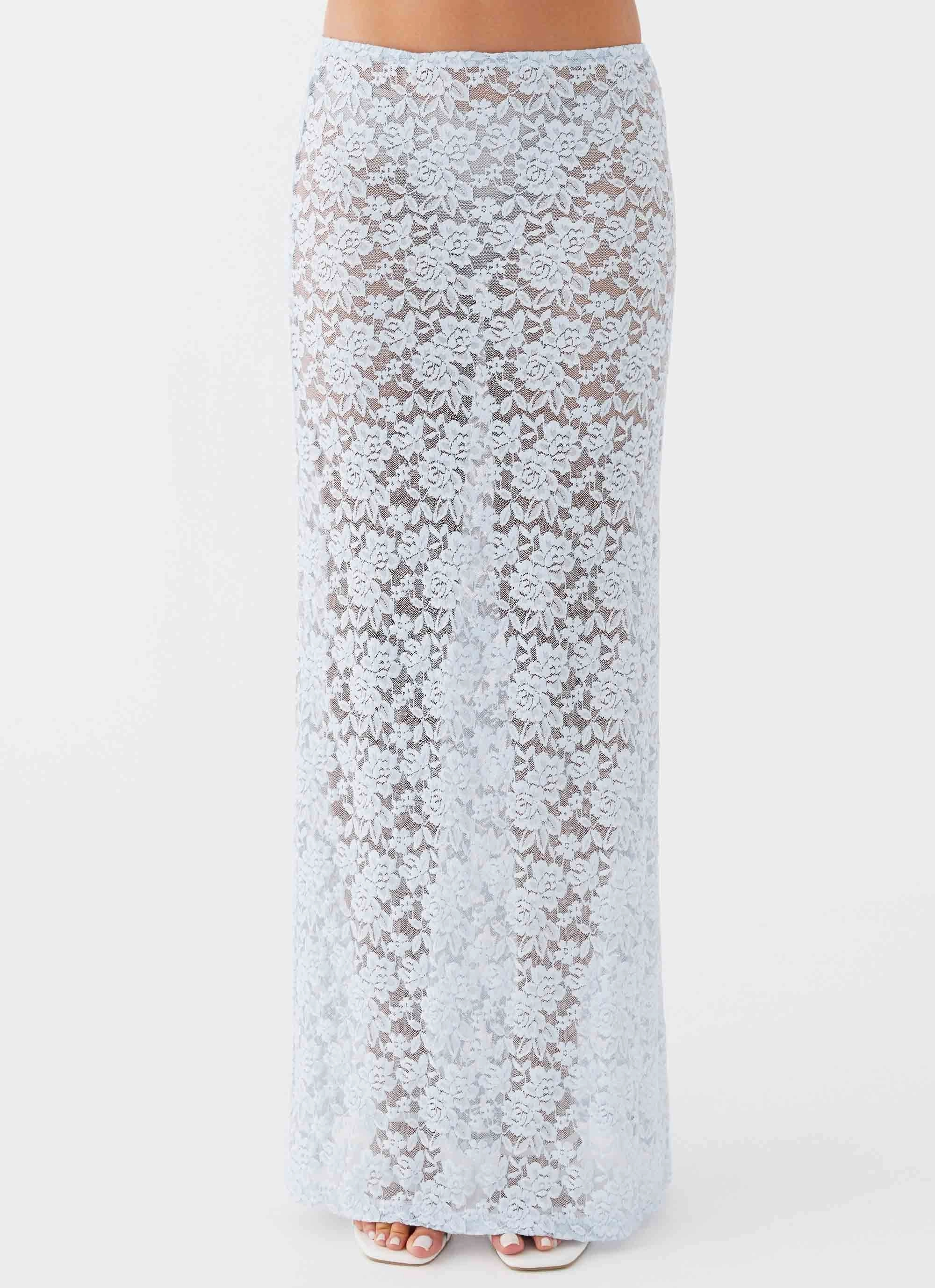 Zephyra Lace Maxi Skirt - Blue Cloud Draped Design