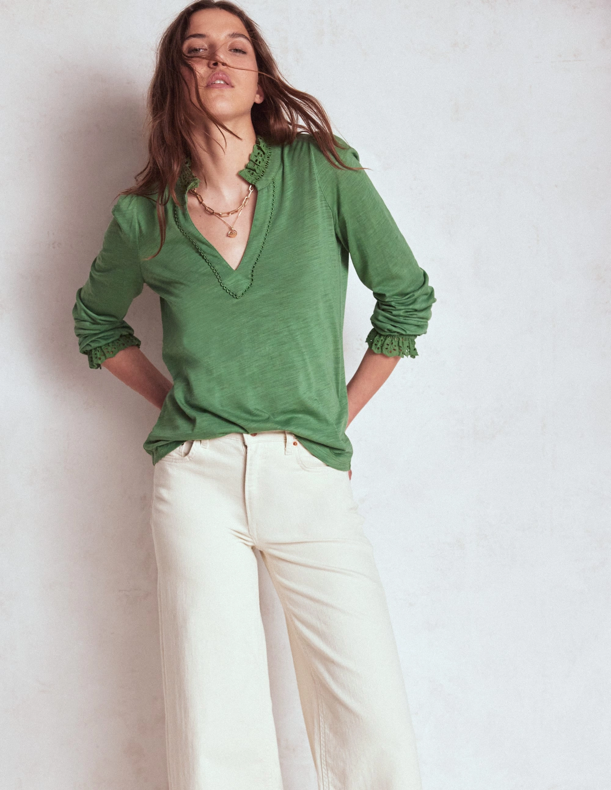 MoistureWickingTechnology Aria Broderie Notch Neck Top-Newt Green