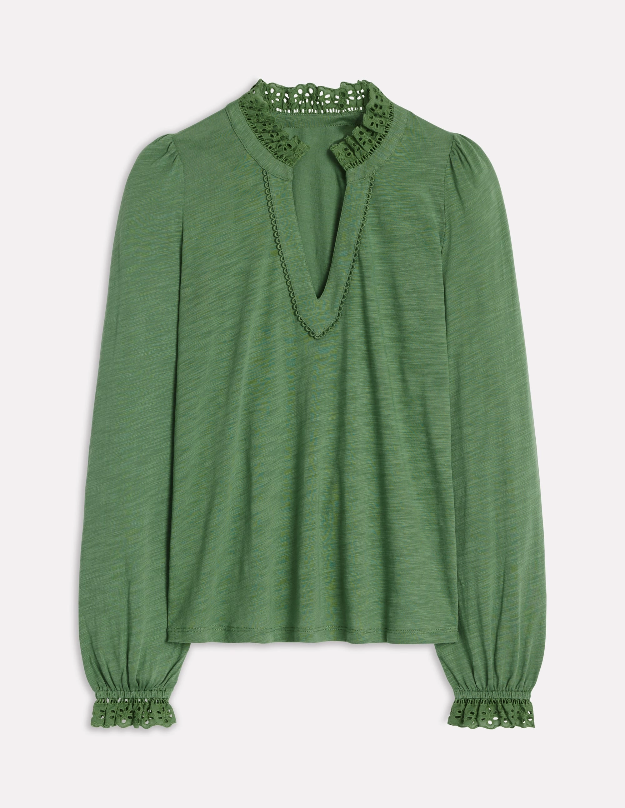 StretchMaterial Soft Blended Fabric Aria Broderie Notch Neck Top-Newt Green