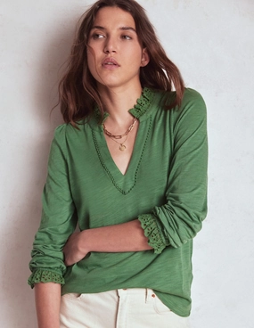 Aria Broderie Notch Neck Top-Newt Green Cozy Sweater FlexibleSole