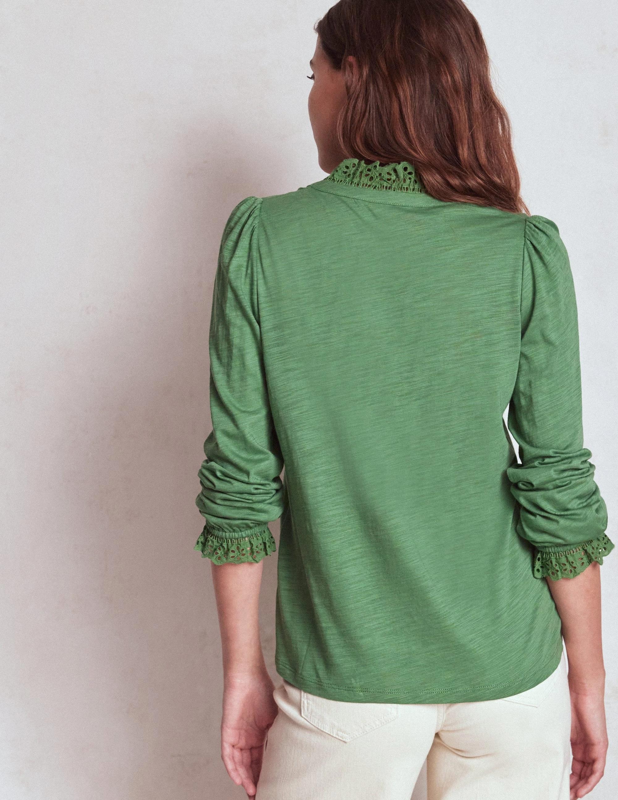 Aria Broderie Notch Neck Top-Newt Green AntiPillingTechnology