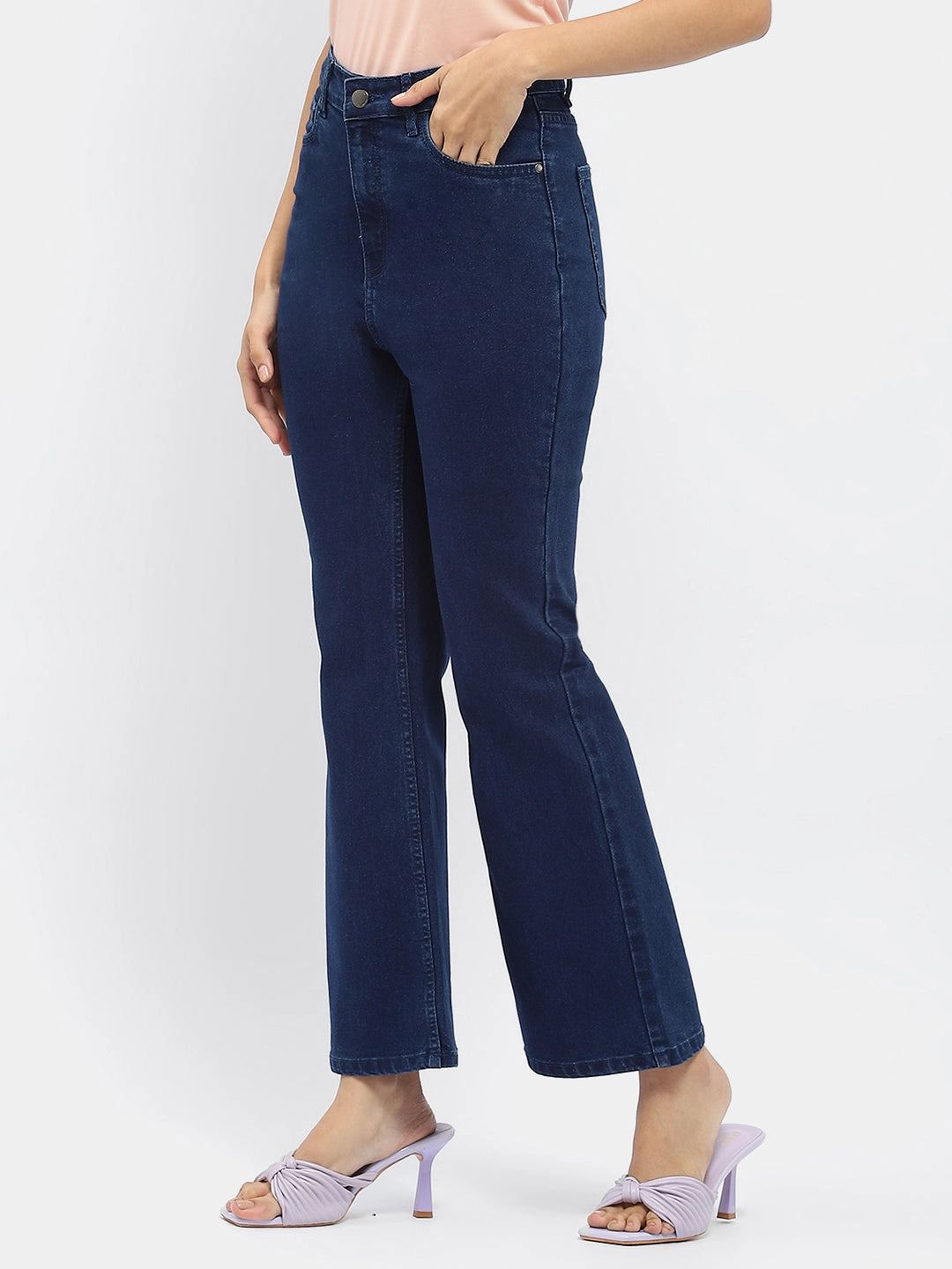 Madame Solid Blue Flared Denim Jeans Soft Aesthetic Minimalist Daily Wear Loose