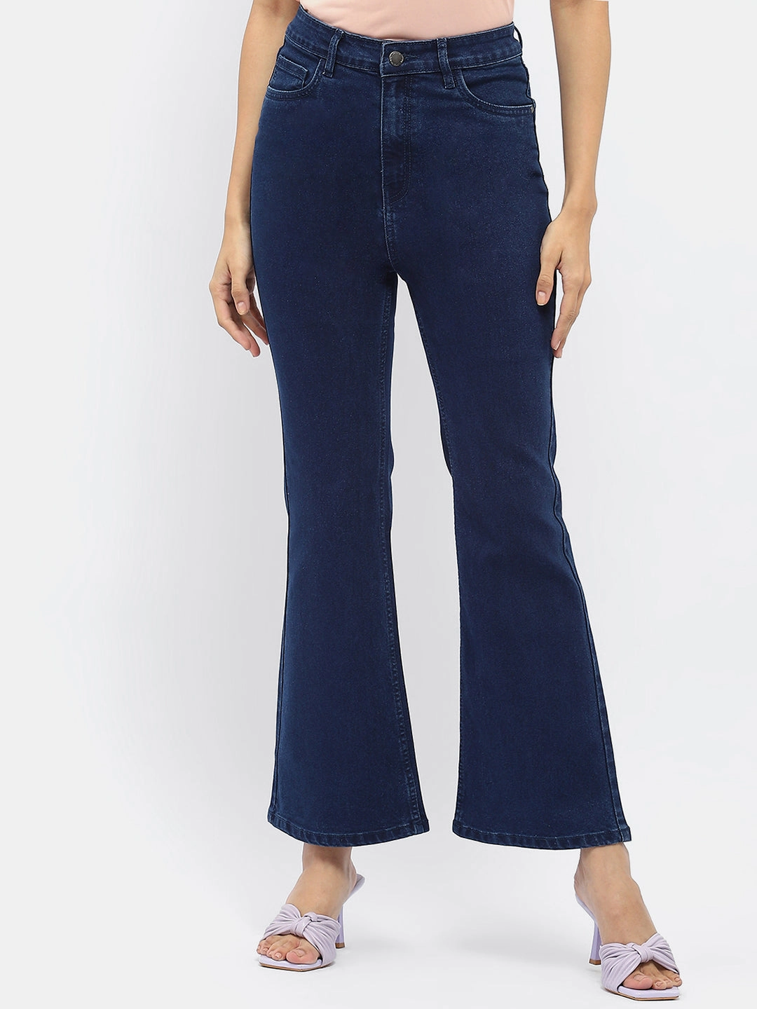 Madame Solid Blue Flared Denim Jeans Casual Comfort