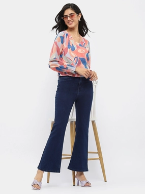 Madame Solid Blue Flared Denim Jeans Polished Look
