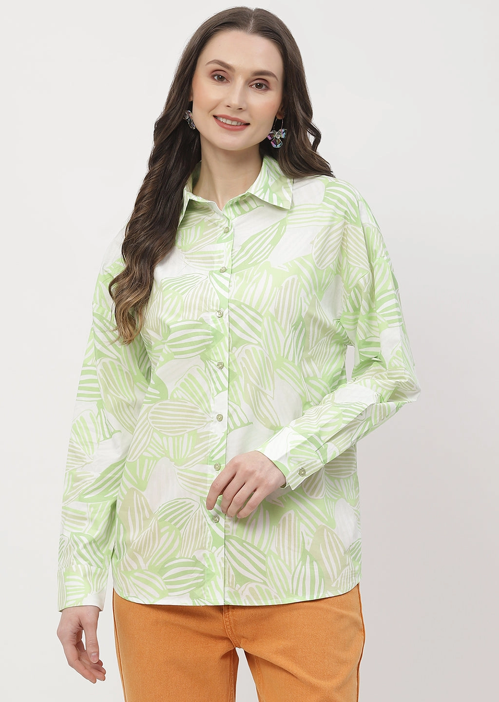 Madame Abstract Print Lime Green Regular Shirt Tailored Style