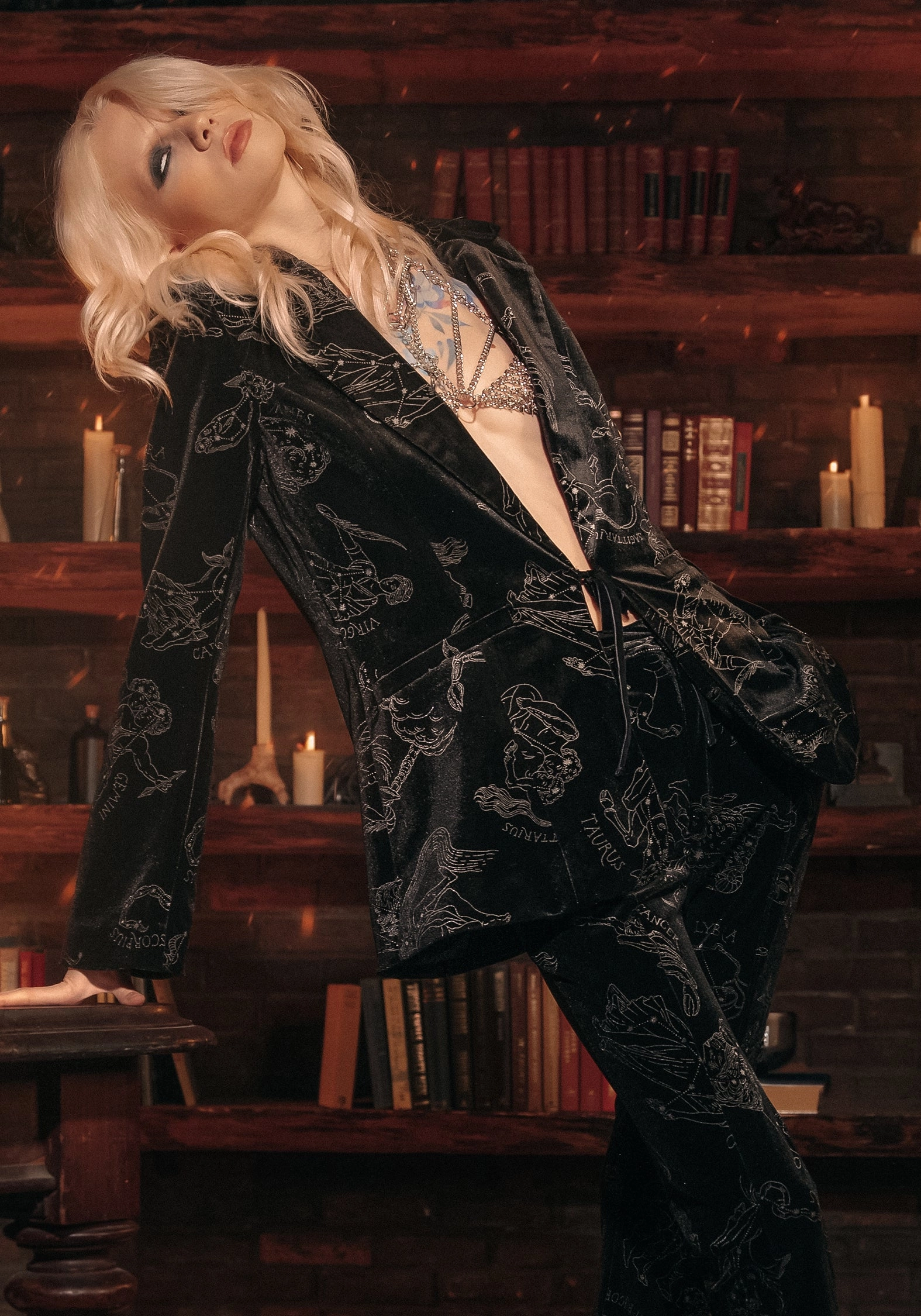 Zodiac Foil Print Velour Blazer Weatherproof Shell Classic Zip Up